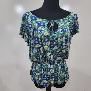 Twentyone Floral Blue Green Rayon Top Pleated Keyhole Neck Peplum Hem Size Large